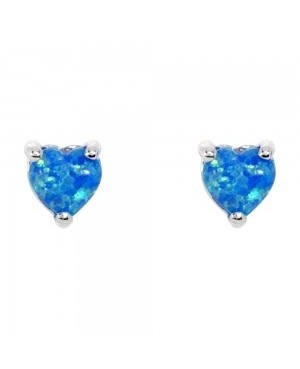 Silver & Blue Created Opal Heart  Stud Earrings